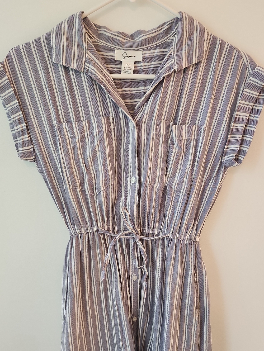 Blue and White Striped Midi Shirt Dress with Drawstring Waist